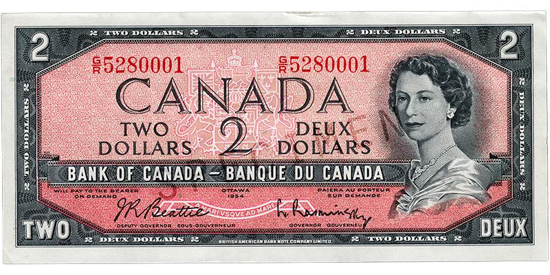 Billet de banque rose, cadre constitué de motifs géométriques, jeune femme aux cheveux bouclés portant un collier de perles : la reine Élisabeth II.