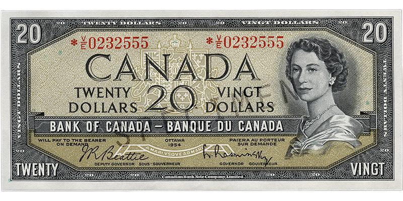 Billet de banque vert pâle, cadre constitué de motifs géométriques, jeune femme aux cheveux bouclés portant un collier de perles : la reine Élisabeth II.