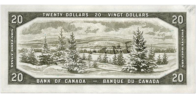 Billet de banque vert olive, cadre constitué de motifs géométriques, vallée enneigée parsemée de conifères, montagnes arrondies en arrière-plan.