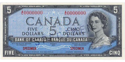 Billet de banque bleu, cadre constitué de motifs géométriques, jeune femme aux cheveux bouclés portant un collier de perles : la reine Élisabeth II.