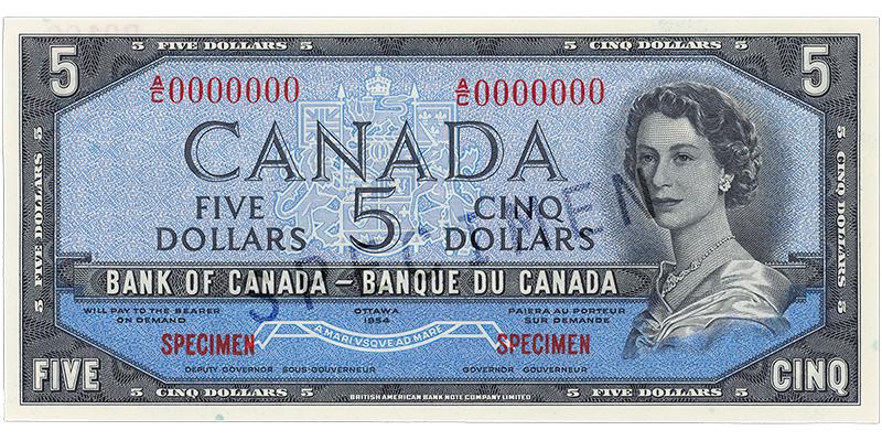 Billet de banque bleu, cadre constitué de motifs géométriques, jeune femme aux cheveux bouclés portant un collier de perles : la reine Élisabeth II.
