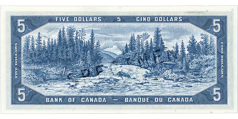 Billet de banque bleu, cadre constitué de motifs géométriques, paysage vallonné et boisé, petite chute d’eau se déversant dans une rivière large pleine de rochers.