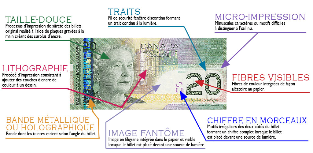 Glossaire visuel des détails de conception d’un billet de banque canadien : 2004, 20 $, recto 