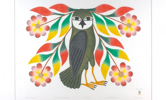 impression de style inuit d’un hibou et de fleurs