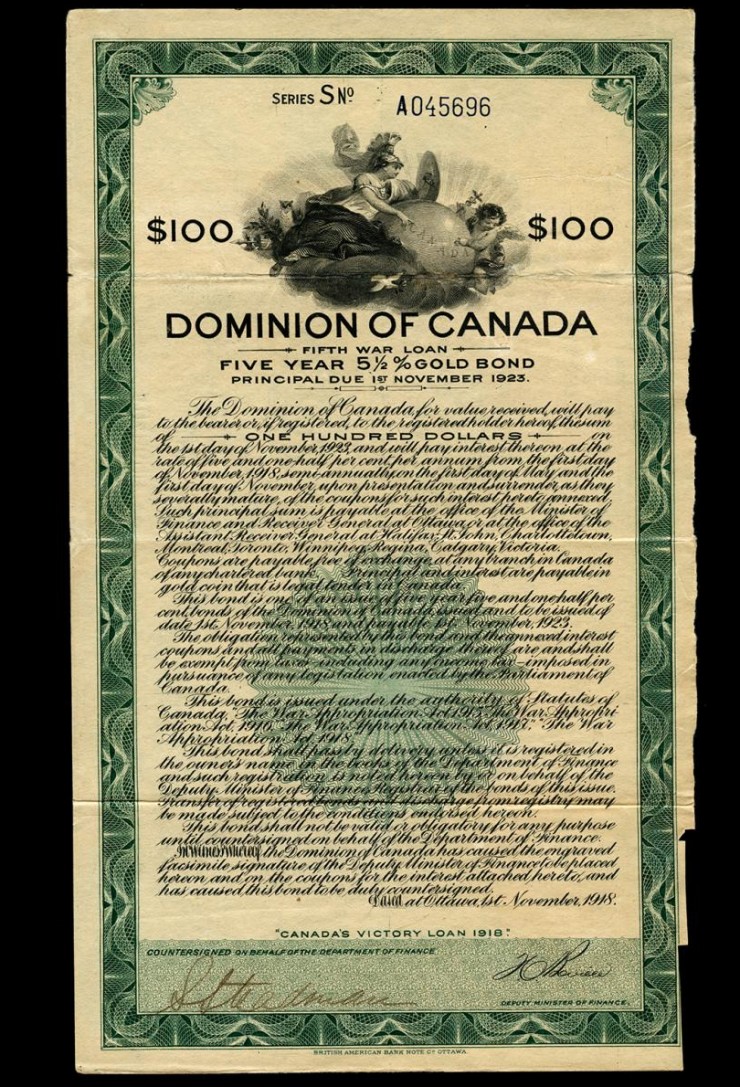 certificat d’obligation de 100 $ proposé aux citoyens lors de la Première Guerre mondiale, 1918