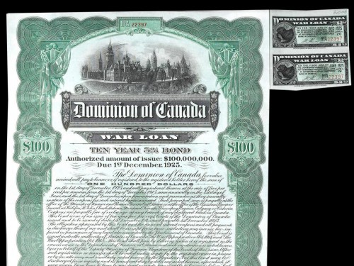 certificat d’obligation de 100 $ proposé aux citoyens lors de la Première Guerre mondiale, 1915