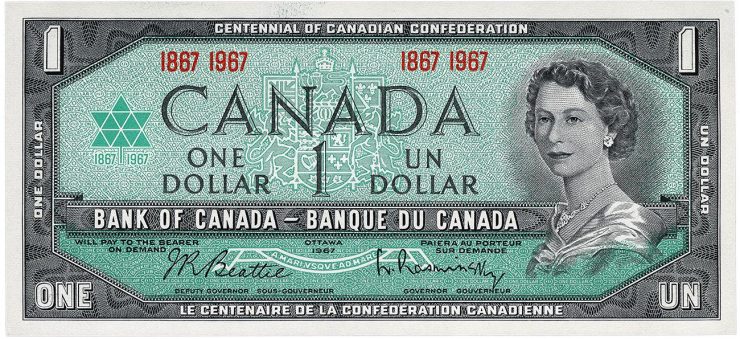 billet de 1 $ commémorant le centenaire du Canada et inspiré de la série de 1954