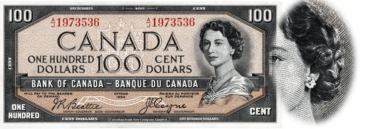 un billet canadien de 100 $ de 1955 ainsi qu’un agrandissement de la face de diable dans la chevelure de la reine