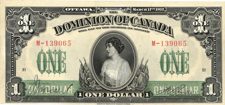 billet de 1 $ du Dominion du Canada à l’effigie de la princesse Patricia, entourée de symboles patriotiques