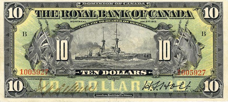 billet de 10 $ de la Banque Royale du Canada mettant en vedette un cuirassé de la Première Guerre mondiale