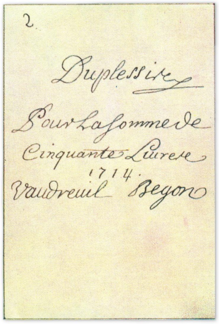 verso d’une carte à jouer du XVIIIe siècle portant les signatures des représentants officiels de la Nouvelle-France