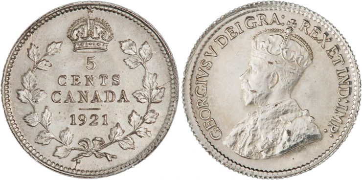pièce canadienne de 5 cents en argent datant de 1921