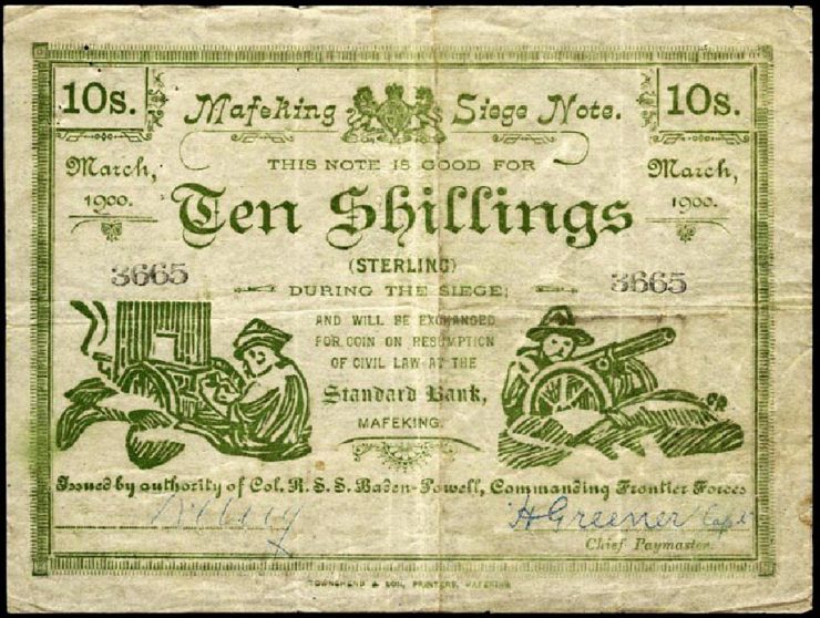billet de dix shillings imprimé à partir d’une gravure sur bois réalisée à la main, représentant des soldats et des pièces d’artillerie de campagne
