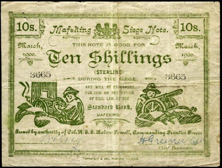 billet de dix shillings imprimé à partir d’une gravure sur bois réalisée à la main, représentant des soldats et des pièces d’artillerie de campagne