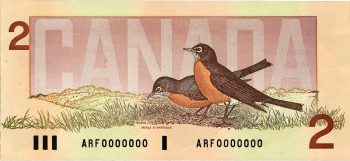 billet de 2 $ canadien et ses deux merles d’Amérique, 1986