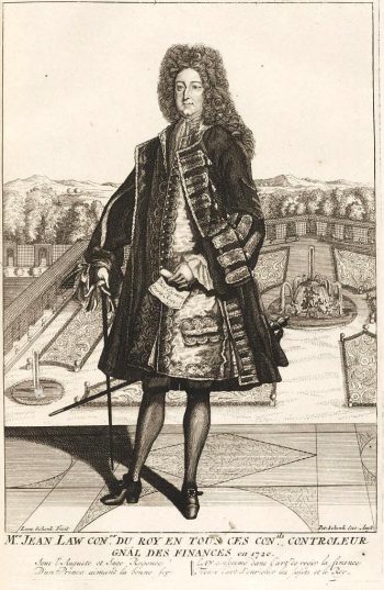 gravure du XVIIIe siècle de Law, debout sur une terrasse