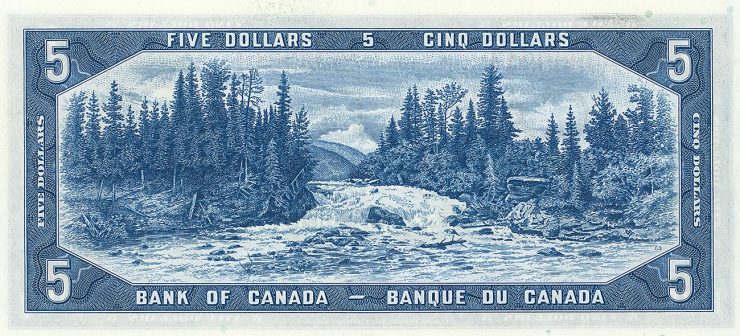 billet de 5 $ illustré d’une rivière, de chutes, d’une forêt et de montagnes