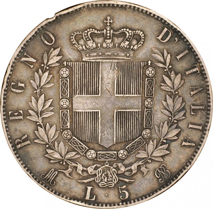 ancienne pièce de monnaie italienne ornée de la gravure d’un bouclier, d’une couronne et de branches de laurier