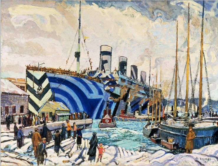 peinture d’un navire de transport de troupes dans un port