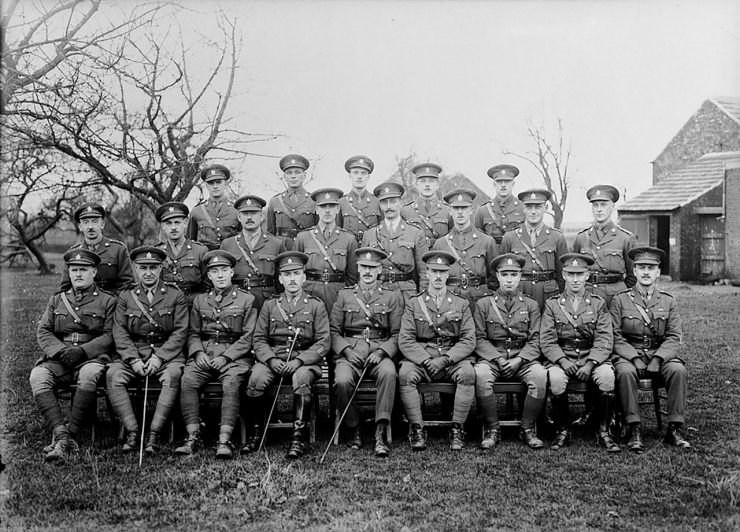 vingt et un officiers canadiens de la Première Guerre mondiale se font photographier dans un champ