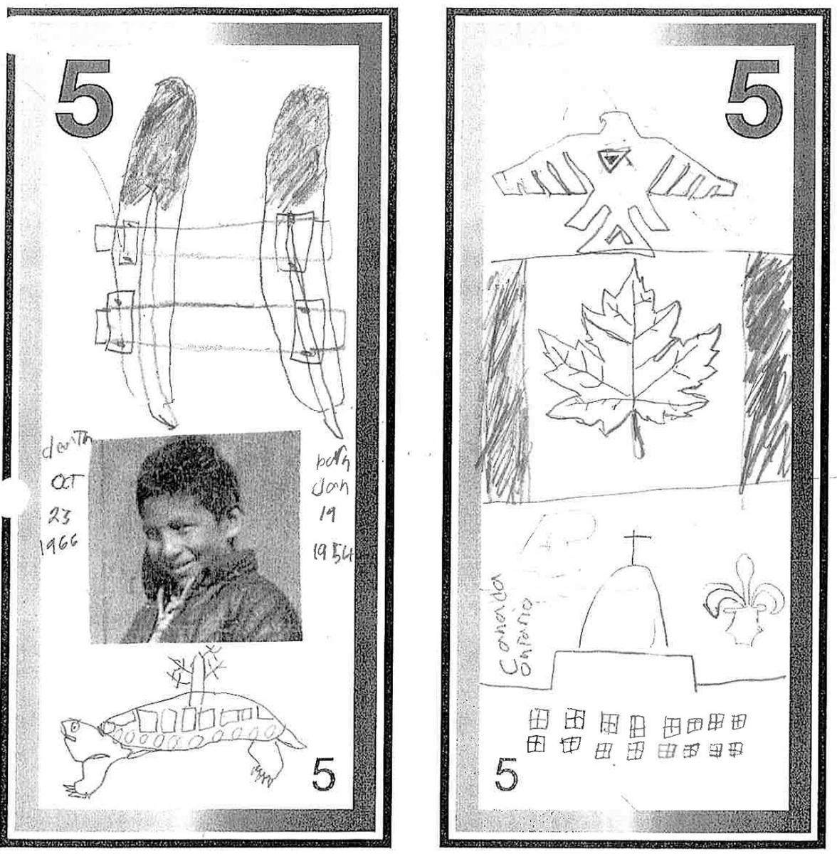 illustration, modèle de billet de 5 dollars orné d’une photo d’un garçon et d’une esquisse au crayon de symboles autochtones
