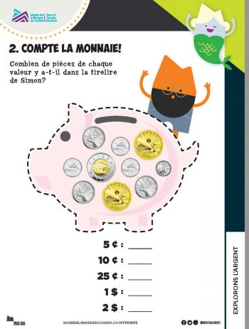 Une fiche de travail sur l'exploration des pièces et des billets de banque à colorier.