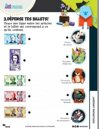 Une fiche de travail sur l'exploration des pièces et des billets de banque à colorier.