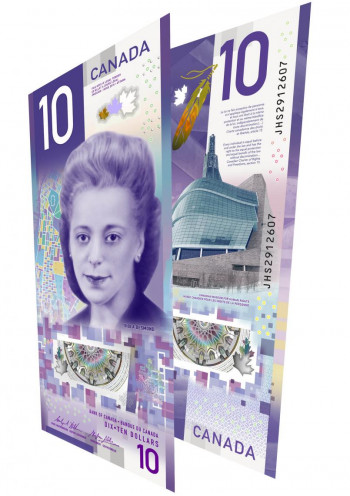 Billet de banque vertical de couleur violette orné d’un grand portrait d’une jeune femme.