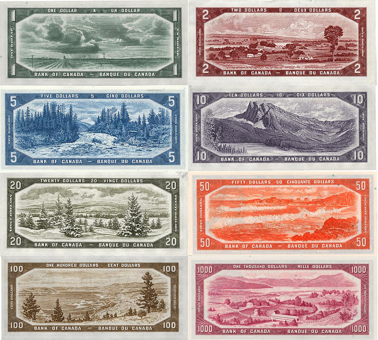 Tableau composé de huit billets de banque aux couleurs vives