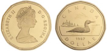 Deux faces d’une pièce de monnaie de couleur or montrant la Reine au recto et un huard au verso