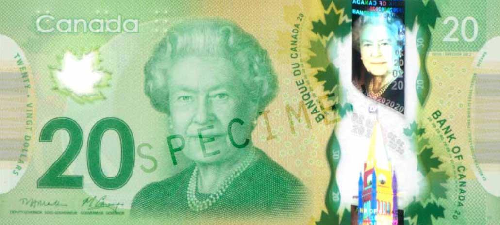 Billet de banque moderne de couleur verte orné d’une grande gravure de la reine Elizabeth II.