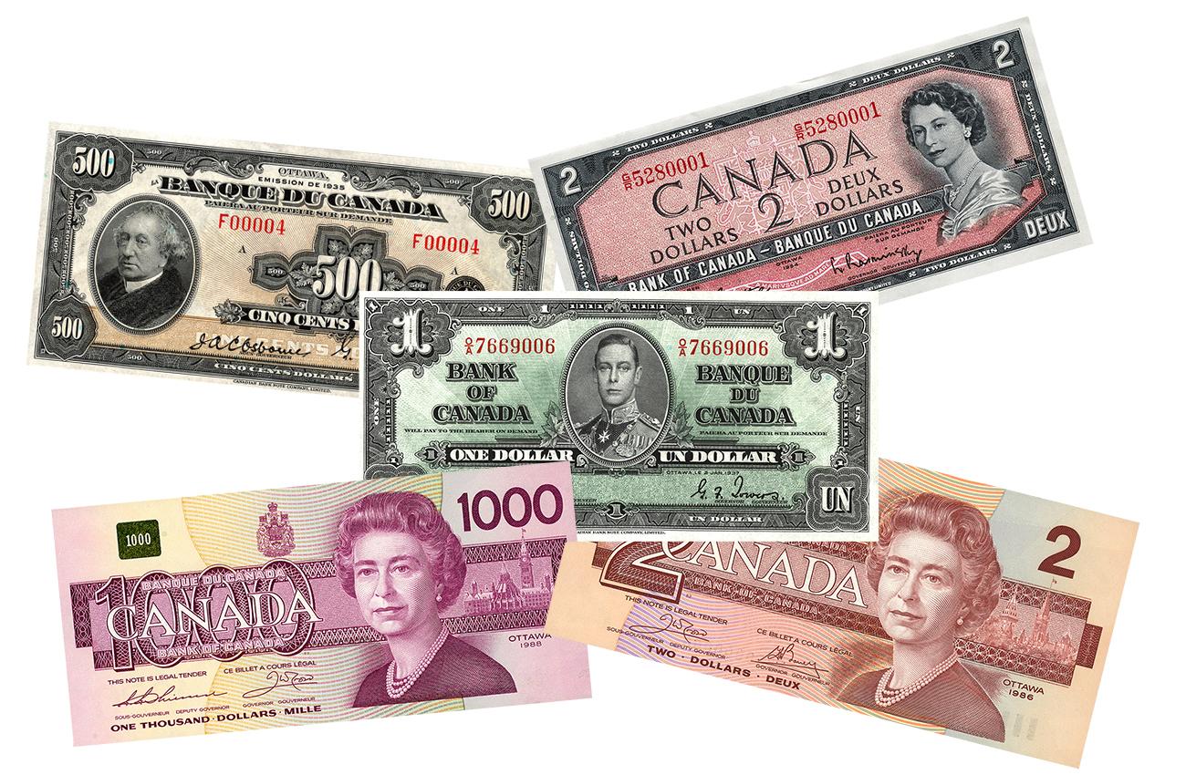 Un collage de cinq anciens billets de banque.