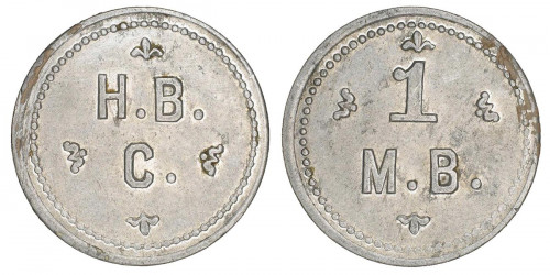 Jeton en métal gris avec la mention « H.B.C. » d’un côté et « 1 M.B. » de l’autre.