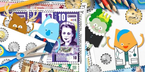 A collage of cartoon characters, paper play money, pencils and scissors.