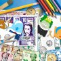 A collage of cartoon characters, paper play money, pencils and scissors.