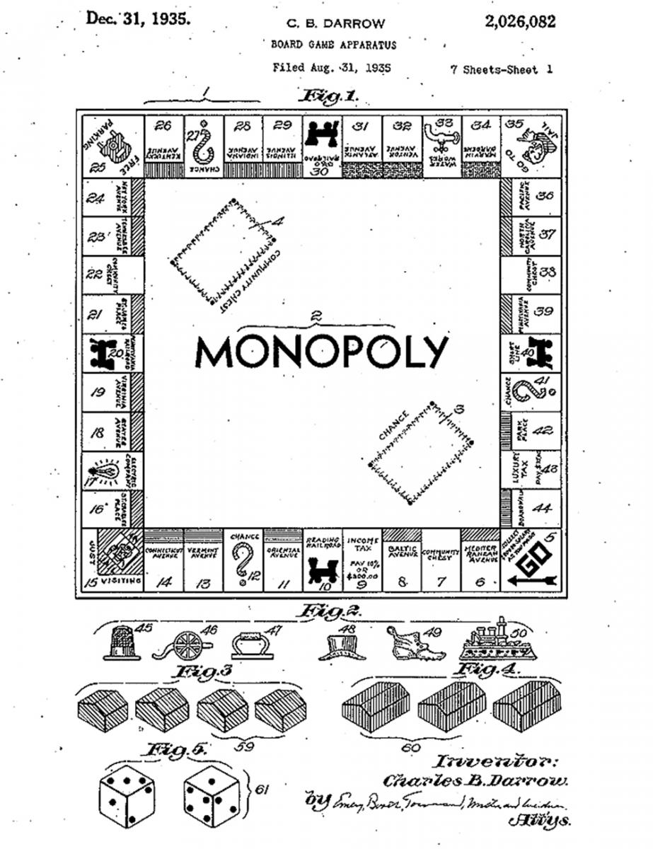 Illustration de pions, de cartes et d’un plateau de jeu où sont dessinées des propriétés.