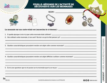 feuille-réponse de l’élève, série de questions et d’images relatives aux premières monnaies ci-dessus