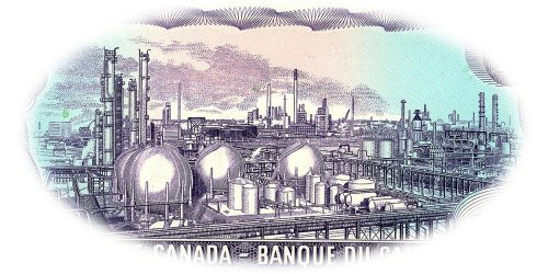 Gravure sur un billet de banque violet représentant un vaste complexe industriel très détaillé de tuyaux, réservoirs et cheminées.