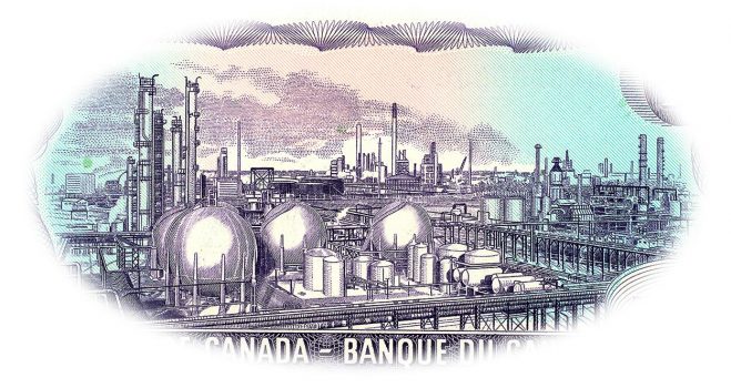 Gravure sur un billet de banque violet représentant un vaste complexe industriel très détaillé de tuyaux, réservoirs et cheminées.