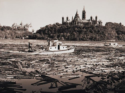 Photographie en noir et blanc de milliers de billots et de deux bateaux sur une rivière devant une colline boisée surmontée de tours gothiques. 