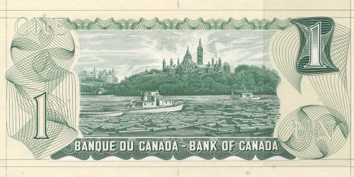 Gravure de billet de banque de couleur verte illustrée de billots et de deux bateaux sur une rivière devant une colline boisée surmontée de tours.