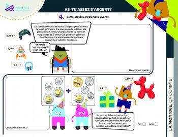 Document, formes, images de quatre personnages, de pièces et d’objets à acheter, et espaces vides