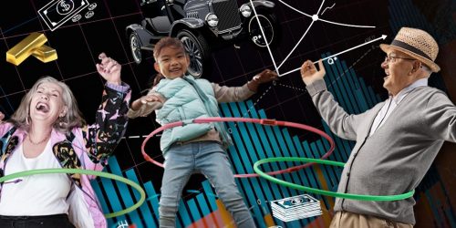 Collage d’images montrant de l’argent, des graphiques et des gens s’amusant avec des hula-hoops.