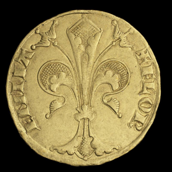 Pièce d’or montrant une fleur de lys entourée de texte en latin 