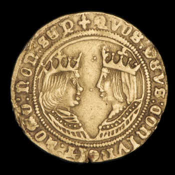 Pièce d’or avec roi et reine couronnés de profil, face à face, et texte en latin autour