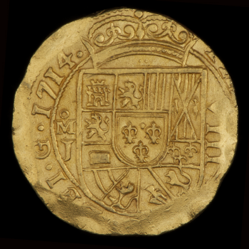 Pièce d’or plus ou moins ronde avec image décentrée d’armoiries couronnées et texte en latin autour