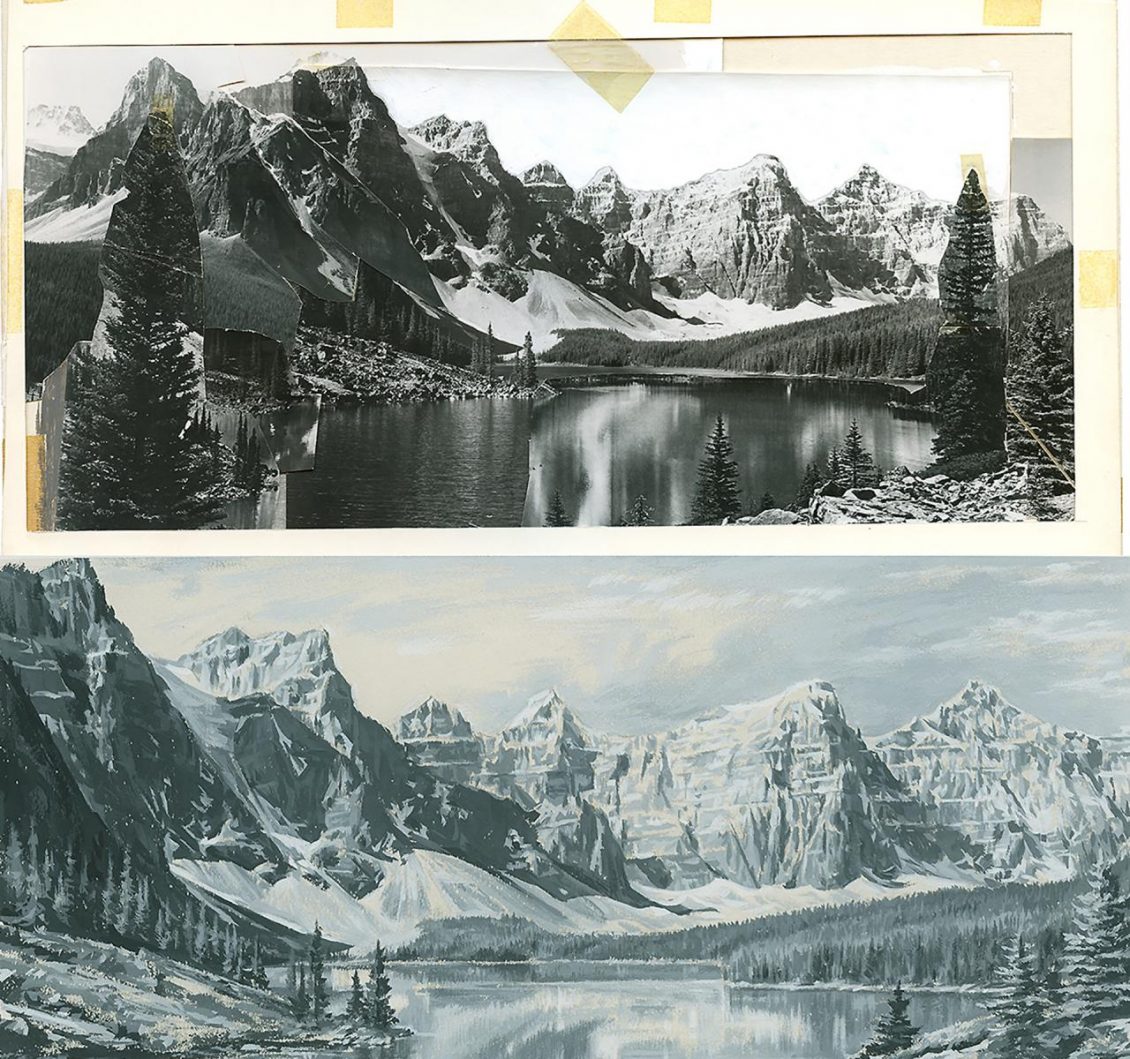 Collage de photos de montagnes en noir et blanc, au-dessus d’une image d’une aquarelle de la même scène.
