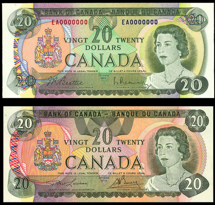 Des billets de banque quasi identiques, l’un de couleur verte et jaune, l’autre de couleur rose, violette et verte.