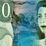 Collage, bank note details, green, face of middle-aged woman, mountains and large number 20.