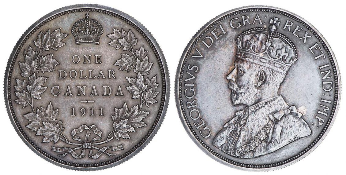 Pièce de monnaie en argent ornée à l’avers du portait d’un roi couronné et au revers d’une couronne de feuilles d’érable. 